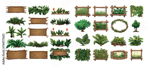 Collection of Green Foliage and Wooden Signboards, Vector Illustration Set for Game Design or Landscape © Zaleman