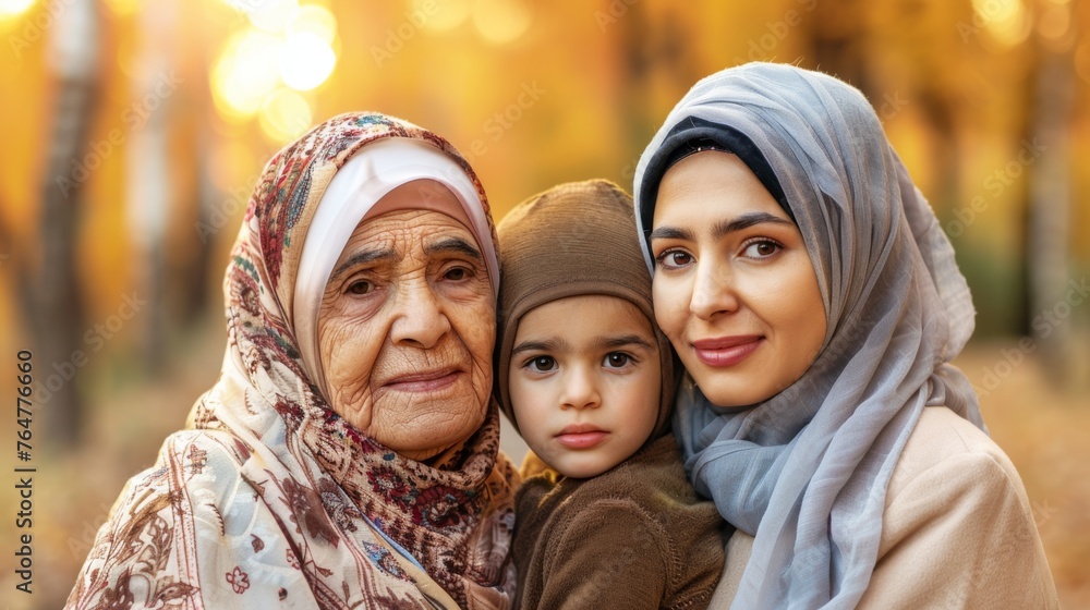 A captivating family portrait capturing the strong generational bonds between a grandmother, her grandchild, and mother. A captivating family portrait capturing the strong generational bonds between a grandmother, her grandchild, and mother.