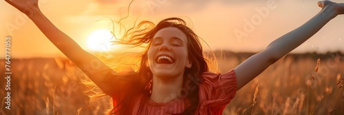 Radiant Woman Reveling in Unbridled Joy and Triumph Outdoors at Sunset