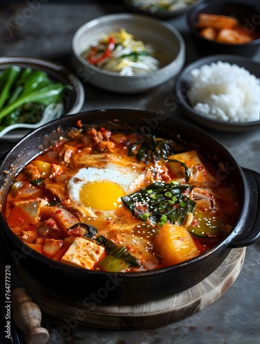 Savory and Spicy Korean Kimchi Stew with Pork and Vegetables Served in a Bowl on a Table