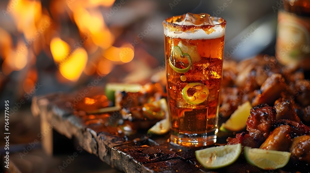 Spicy Grilled Feast with Refreshing Amber Ale - A Flavorful Pairing for Outdoor Gatherings and