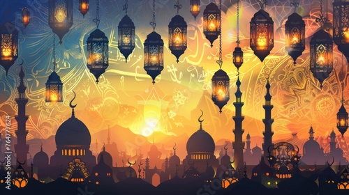 Ramadan kareem poster hanging vector illustration design. Ramadan Kareem islamic design and mosque dome silhouette with arabic pattern