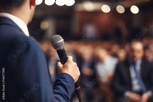 man with microphone at public speaking Generative AI