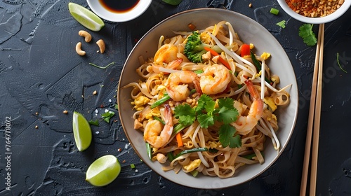 Vibrant Pad Thai Noodle Dish with Shrimp,Vegetables,and Tamarind Sauce on Dark Background