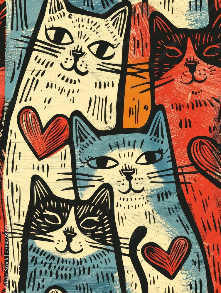 lino cut of pattern of cute little cats playing with hearts, muted colors, colorful, textured, patterned, fine art print, tile chaos 12 ar 3:4 stylize 185 v 60 lino cut of pattern of cute little cats playing with hearts, muted colors, colorful, textured, patterned, fine art print, tile chaos 12 ar 3:4 stylize 185 v 60