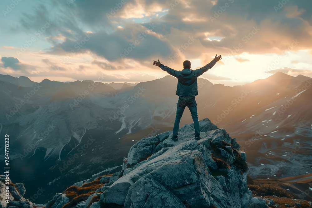 This breathtaking image captures the silhouette of a lone figure standing atop a towering,rugged mountain peak,arms raised in a triumphant pose as the sky is set ablaze with a stunning sunset The - obrazy, fototapety, plakaty 