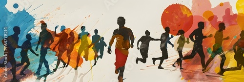 A Diverse of Athletic Triumph and Communal Pride - This vibrant image captures a celebratory scene of runners in motion,their silhouettes conveying a sense of dynamic energy and triumph 