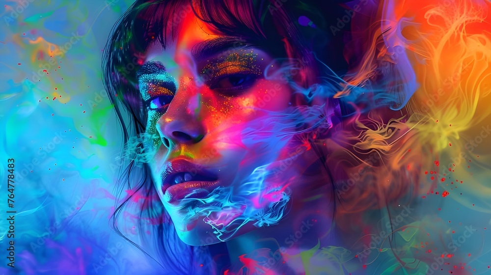 A portrait of a woman in neon colors against the background of neural networks embodies a modern view of beauty and technological progress.