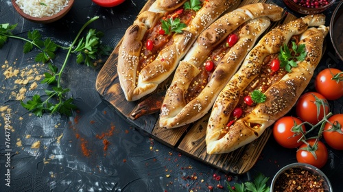 Ramadan Pita. Traditional Ramadan food as known Pide. Ramadan concept and background. Copy space and top view. photo