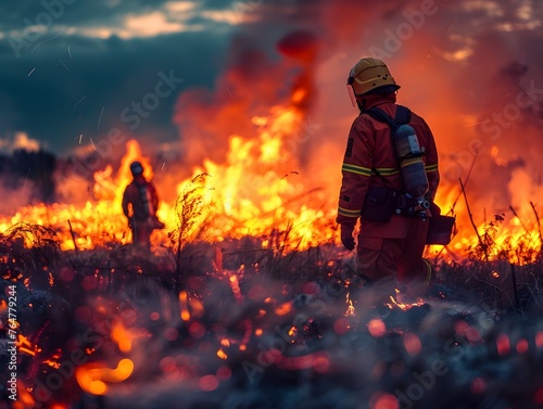 Brave Firefighters Battling Intense Biomass Burning in Dramatic Outdoor Landscape at Dusk