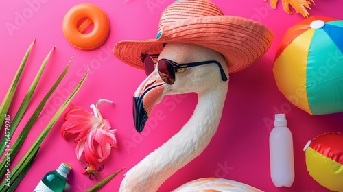A stylish flamingo donning sunglasses and a widebrim hat, surrounded by summer essentials like a beach ball and sunscreen, on a vibrant pink background photo