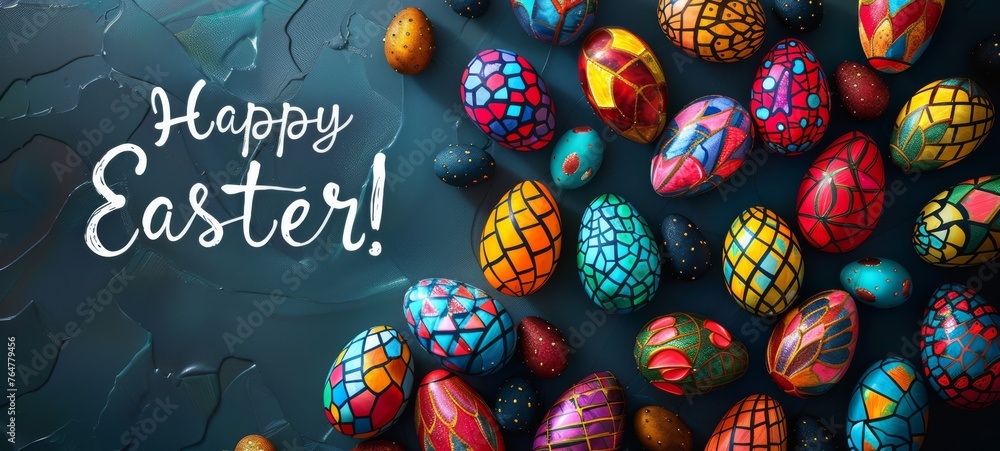 Easter Egg Stained Glass Art. Happy easter greeting card. Easter eggs creating a stained glass art effect. Material for greeting cards with Happy Easter text and egg frame. Easter Egg Stained Glass Art. Happy easter greeting card. Easter eggs creating a stained glass art effect. Material for greeting cards with Happy Easter text and egg frame.