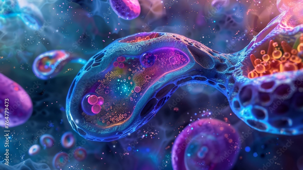 Artistic rendition of a cells interior, highlighting the endoplasmic reticulum, mitochondria, and vacuoles with a fluorescent palette - obrazy, fototapety, plakaty 