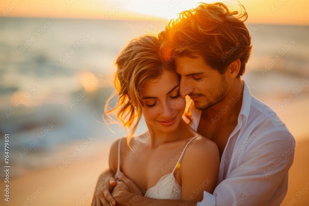 Fototapeta premium Romantic Young Couple Embracing at Sunset on Beach, Intimate Moment with Golden Hour Backlight, Love Concept Photography