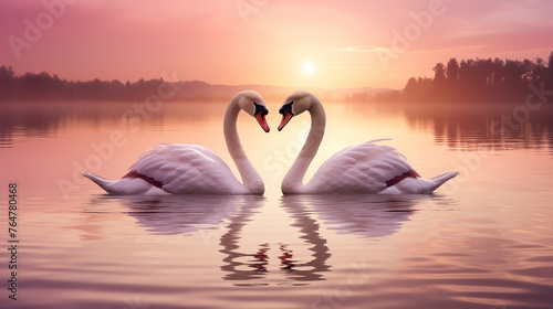 Deux cygnes face à face sur un lac, devant un beau coucher de soleil. Amour, forme de coeur. Animaux, sauvage, oiseau. Pour conception et création graphique.