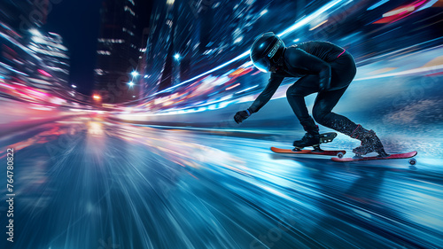 Skateboarder speeds through city lights at night with motion blur.