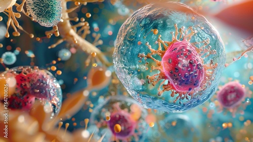 Dynamic illustration of cytoplasm flow within an animal cell, showcasing the endoplasmic reticulum and lysosomes in action photo