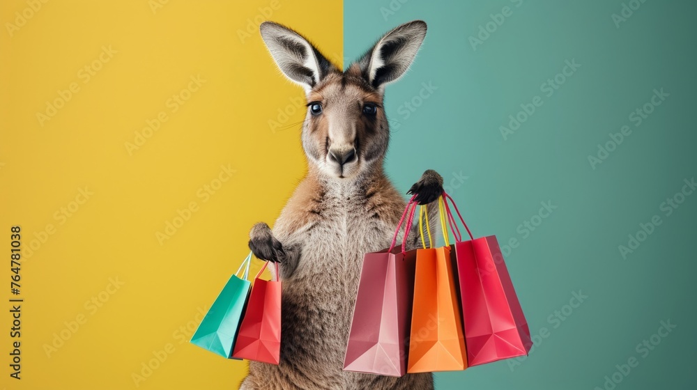 Fashionforward kangaroo with a collection of trendy shopping bags slung over its shoulder, on a minimalist solid color backdrop