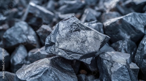 Close-up of a shining piece of coal standing out amidst a pile, symbolizing fossil fuels and energy resources.