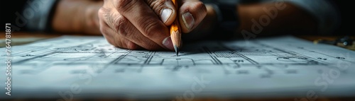 Close-up of a hand drawing architectural plans photo