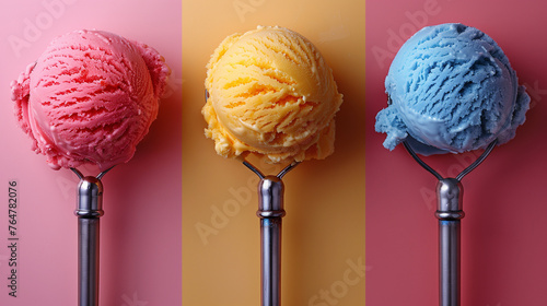 Neapolitan Ice Cream Scoops on Colorful Background photo