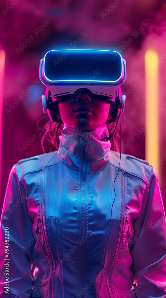 Person with VR Headset in Neon Lights Person with VR Headset in Neon Lights