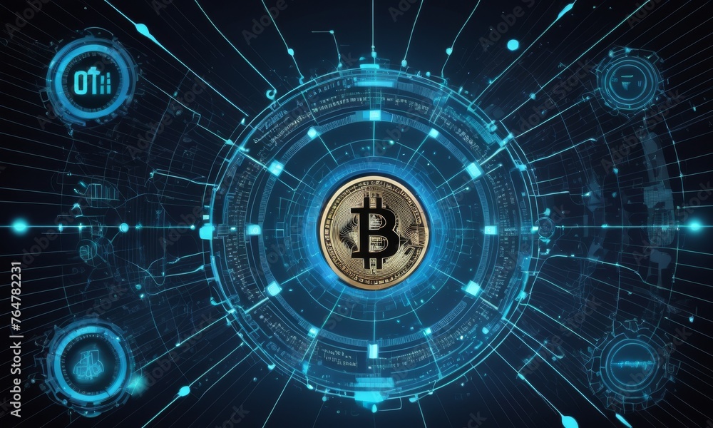 Obraz premium A Bitcoin symbol is centralized amid dynamic blue digital networks. This image captures the essence of cryptocurrency within a virtual environment. AI generation