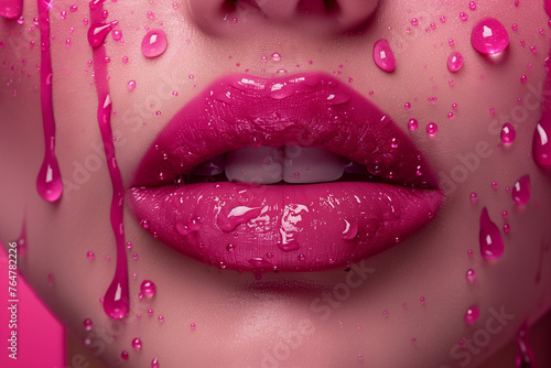Glossy Pink Lipstick on Woman's Lips with Water Droplets