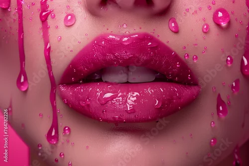 Fototapeta samoprzylepna Glossy Pink Lipstick on Woman's Lips with Water Droplets