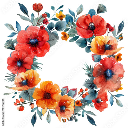 Watercolor Wreath With Orange Flowers and Green Leaves