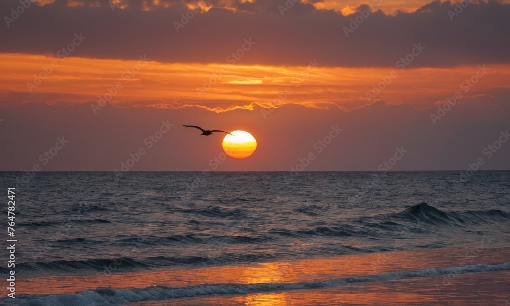 A single seagull glides gracefully across a striking sunset, the sun's sphere balanced perfectly on the horizon. The layered clouds above the calm sea reflect warm hues of orange and red. AI