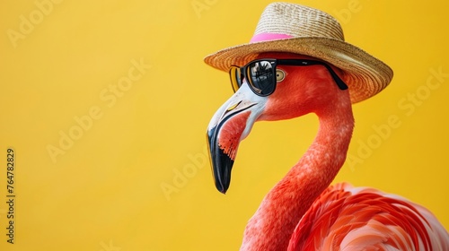 Stylish flamingo sporting sunglasses and a sun hat, striking a pose on a vibrant yellow background, essence of summer chic