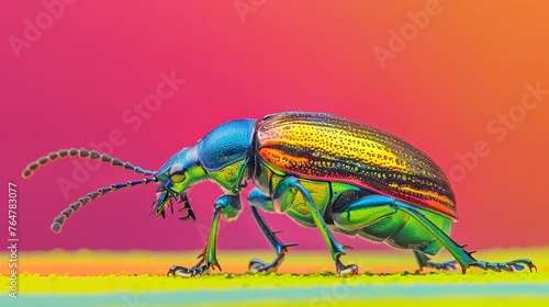 Vivid macro shot of a Buprestidae beetle, showcasing its stunningly colorful and metallic body on a complementary colored backdrop