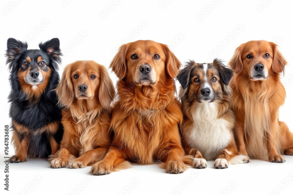 A group portrait of various cute dogs in a studio setting, showcasing curious and adorable canine friendship.