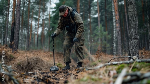 A person in camouflage gear searches for hidden treasures with a metal detector in a serene forest setting.