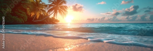 A picturesque beach landscape with palm trees, golden sands, and a stunning sunset over the sea. © Andrii Zastrozhnov