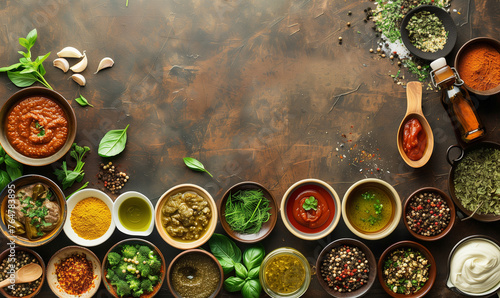 Vegan/ vegetarian sauces and spices in bowls seen from above, healthy food top view wallpaper kitchen with copy space