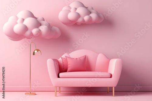 Cozy pink sofa in girly room with pink walls and cloud decorations