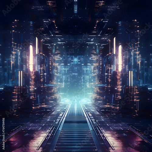 Futuristic corridor with glowing lights  3d rendering toned image