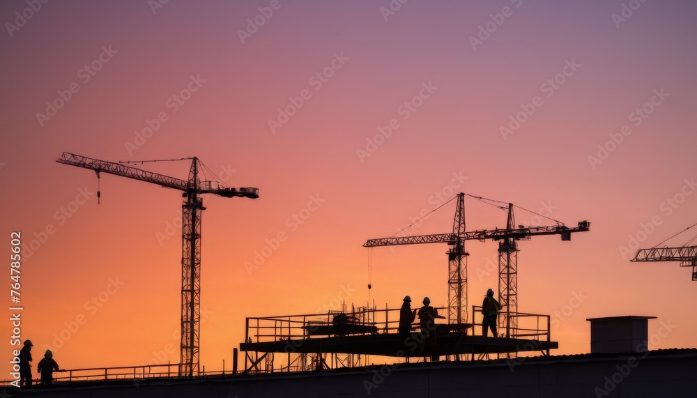 Construction cranes loom over a building site, with a crew of workers outlined against a soft purple sunset. The night shift begins under the watchful eyes of the towering cranes. AI generation