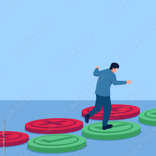 Man stepping onto the green button which means accept, illustration for making a decision.