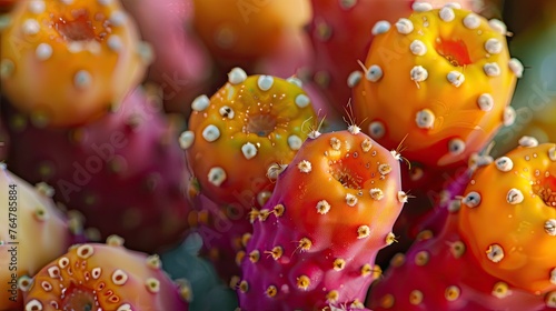 A close-up view of a prickly pear cactus fruit focusing on its vivid color and unique texture