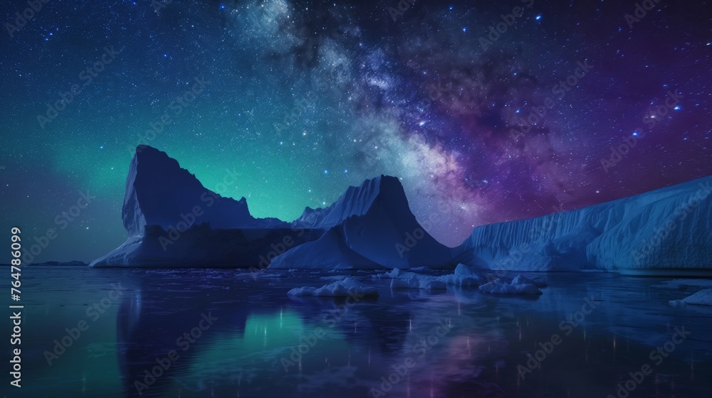 A majestic arctic landscape with icebergs under a starry night sky exhibiting aurora lights reflections on water.