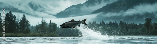 A dramatic image of a salmon leaping over a dam or obstacle symbolizing resilience and determination