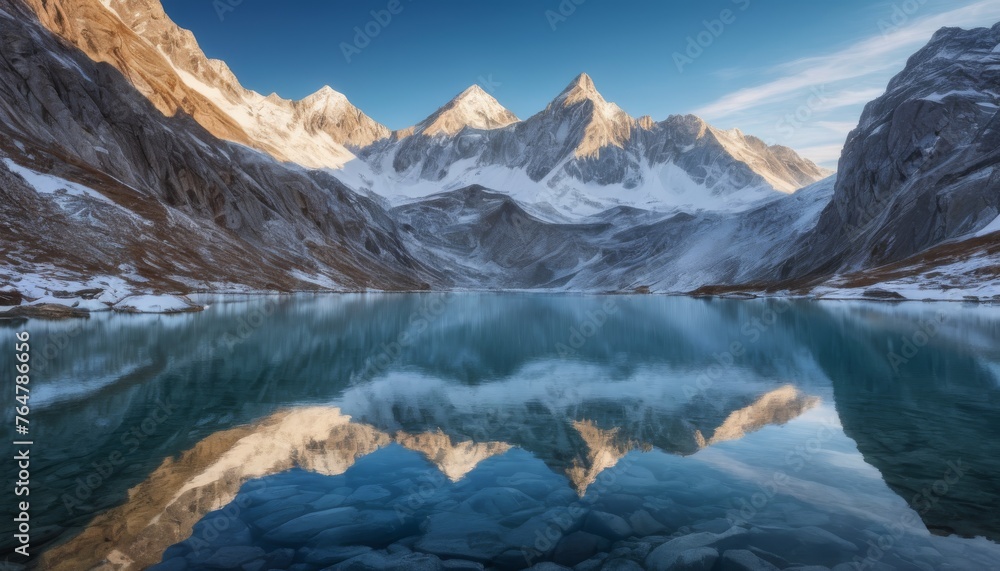 A tranquil dawn unfolds over a still mountain lake, reflecting the towering peaks basked in golden light. The symmetry of the reflection adds a serene depth to the alpine beauty. AI generation