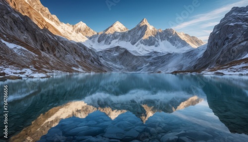 A tranquil dawn unfolds over a still mountain lake, reflecting the towering peaks basked in golden light. The symmetry of the reflection adds a serene depth to the alpine beauty. AI generation
