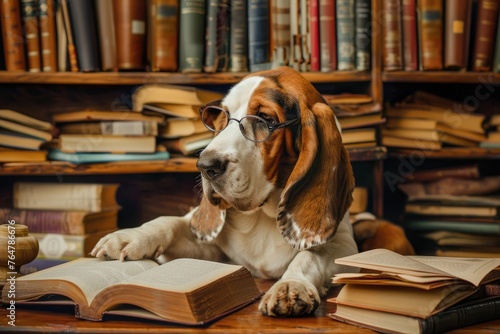A Basset Hound as a librarian with glasses and surrounded by bookshelves © AI Farm
