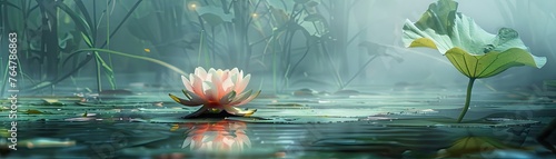 The serene beauty of a lotus flower emerging from a calm pond photo