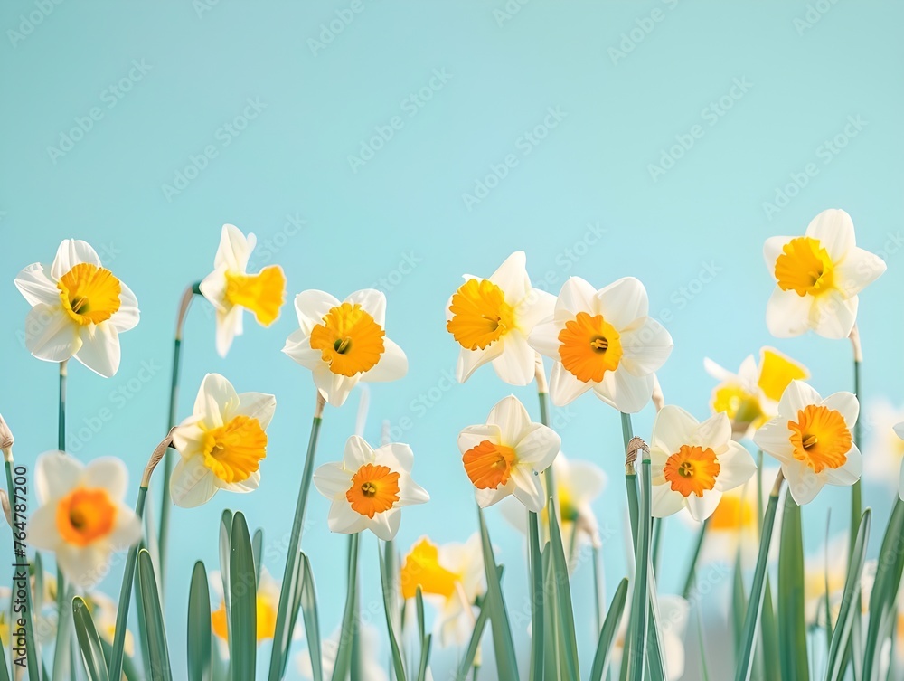 Spring flowers daffodils white and yellow colors on soft blue background, retro style, vintage, nostalgic.