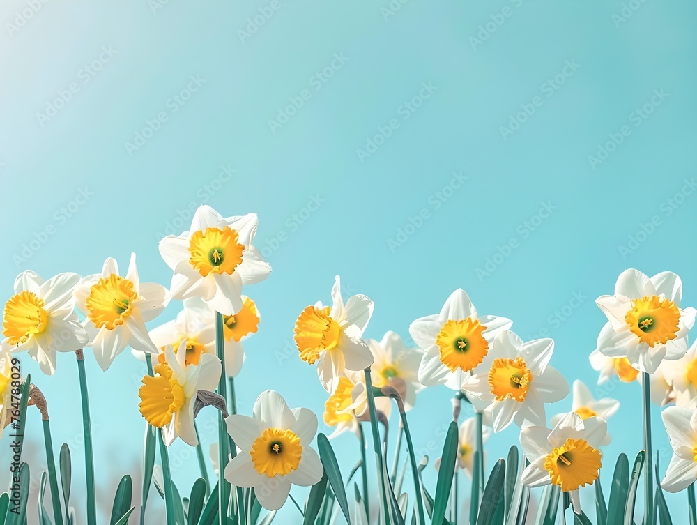 Fototapeta premium White and yellow colors daffodils on soft blue background, springtime, retro style, vintage, nostalgic.